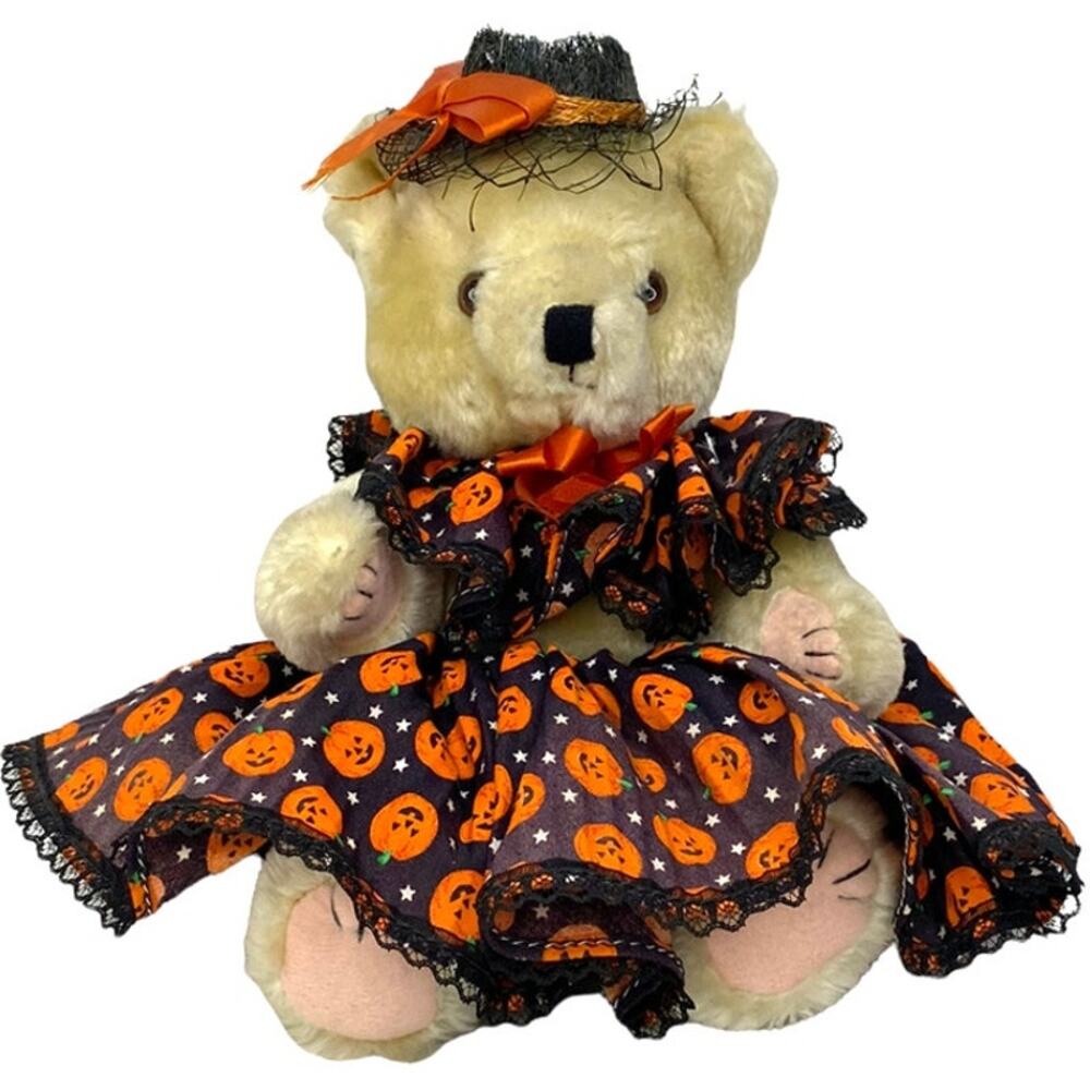 Vintage Halloween Jointed Teddy Bear Pumpkin Dress Witch Hat Plush 11”